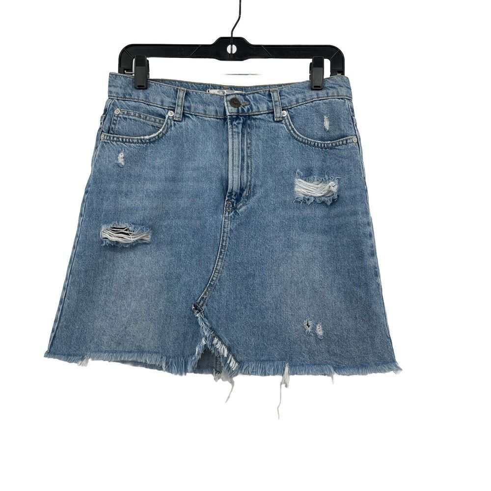 Free People Blue Jean Skirt Womens 27 Distressed Denim Mini Fringe Western‎ Boho
